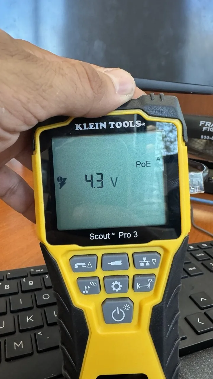 Klein Tools cable tester reading 4.3 volts on a bad PoE connector